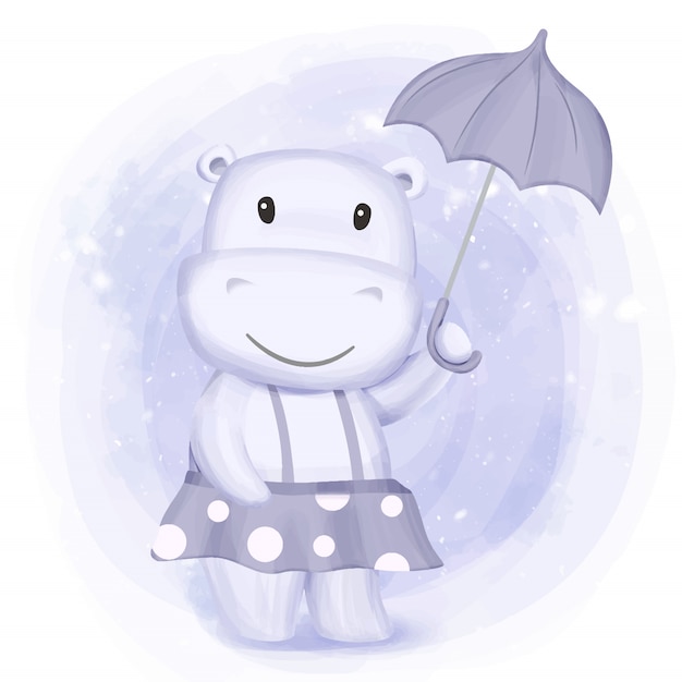 Little hippo girl bring umbrella