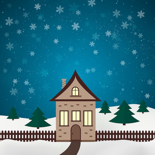 Little house in village Winter snowy landscape Night sky with snowflakes Flat vector illustration Easy to edit template