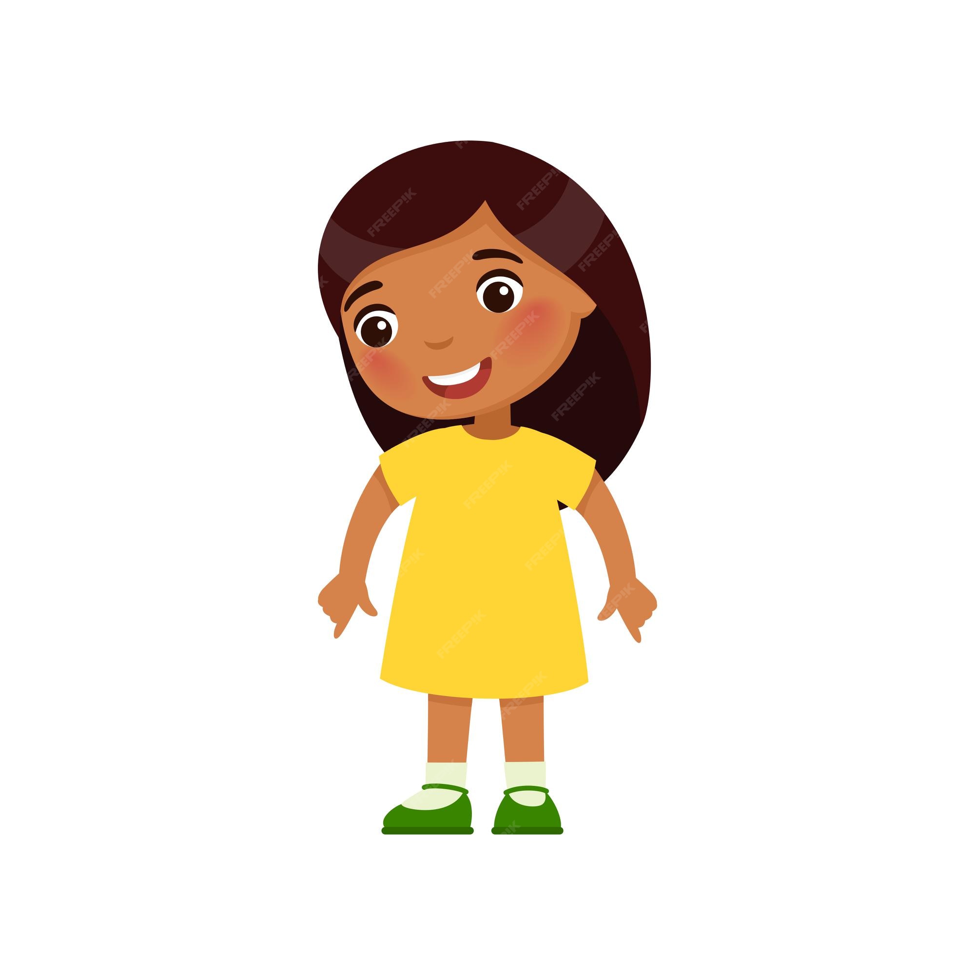 Premium Vector | Little indian girl looks down and shows of her fingers  down dark skin cartoon character