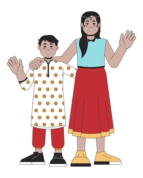 Vector little indian siblings 2d linear cartoon characters