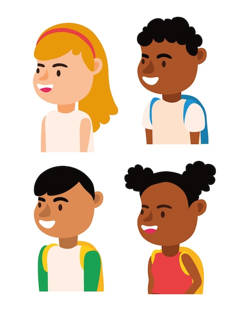 Little interracial students kids avatars characters vector illustration design