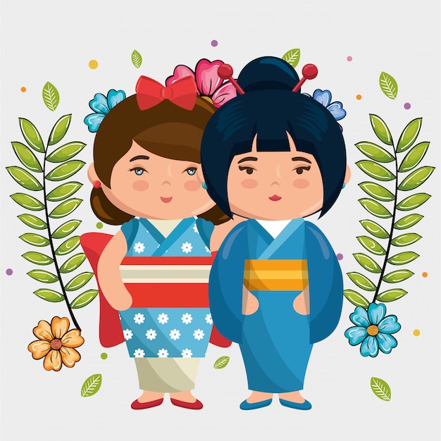 Вектор Маленькая японская пара девушек kawaii с цветами персонажей