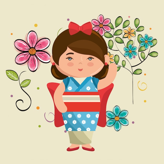 little japanese girl kawaii with flowers character