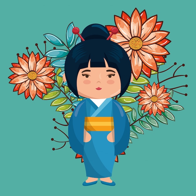 Vector little japanese girl kawaii with flowers character