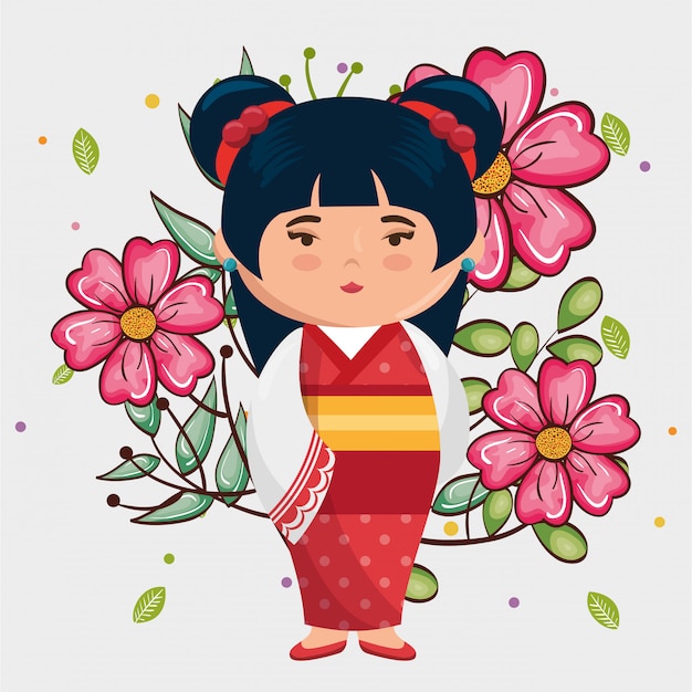 Little japanese girl kawaii with flowers character