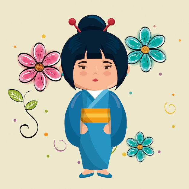 Vector little japanese girl kawaii with flowers character