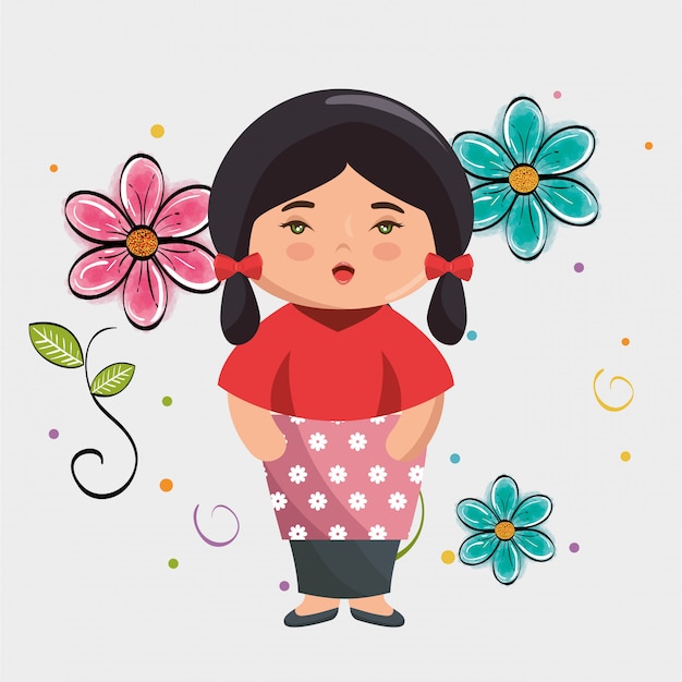 little japanese girl kawaii with flowers character