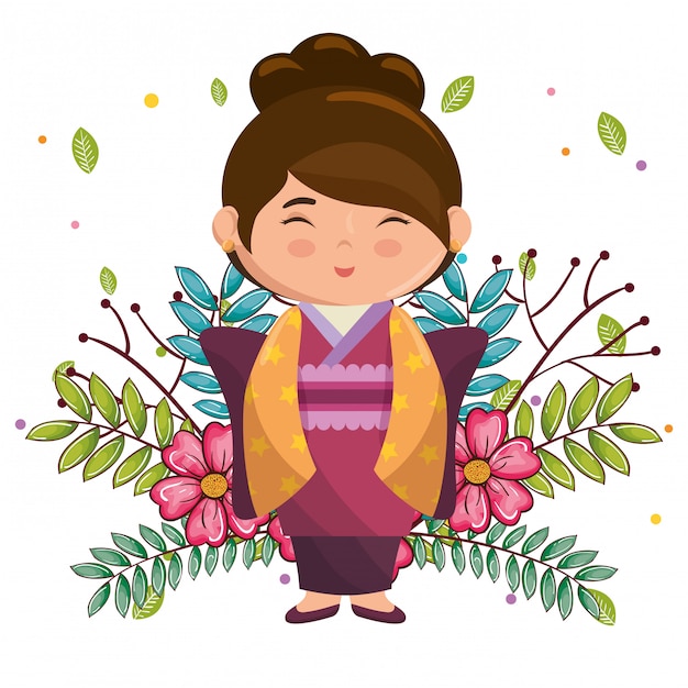 Vector little japanese girl kawaii with flowers character