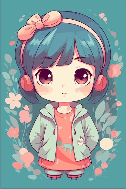 little kawaii girl illustration flat colors vector illustration digital art Anime isolated