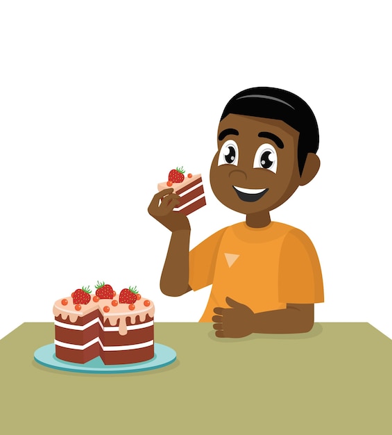 Little kid African boy eat a birthday cake