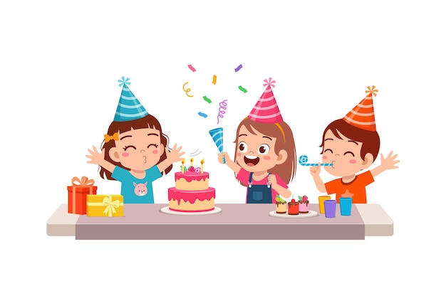 Vector little kid blow candle on birthday party with friend