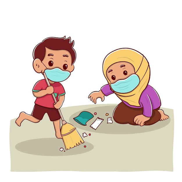 Vector little kid boy and girl do cleaning floor