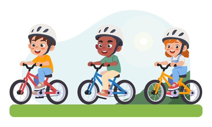 little kid boy and girl ride a bicycle in the park