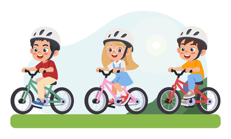 little kid boy and girl ride a bicycle in the park