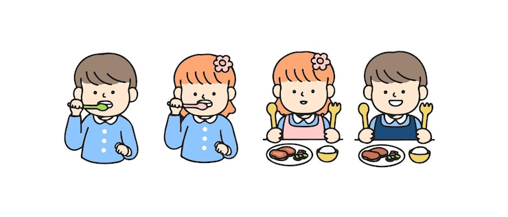 Vector 어린 아이가 양치질을 하고 식사를 합니다. 귀여운 만화 캐릭터, 학교 개념으로 돌아가기