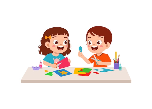 Little kid cut paper for art with friend