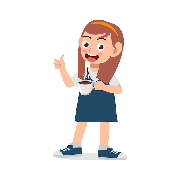 Vector little kid drink hot coffee and feel happy