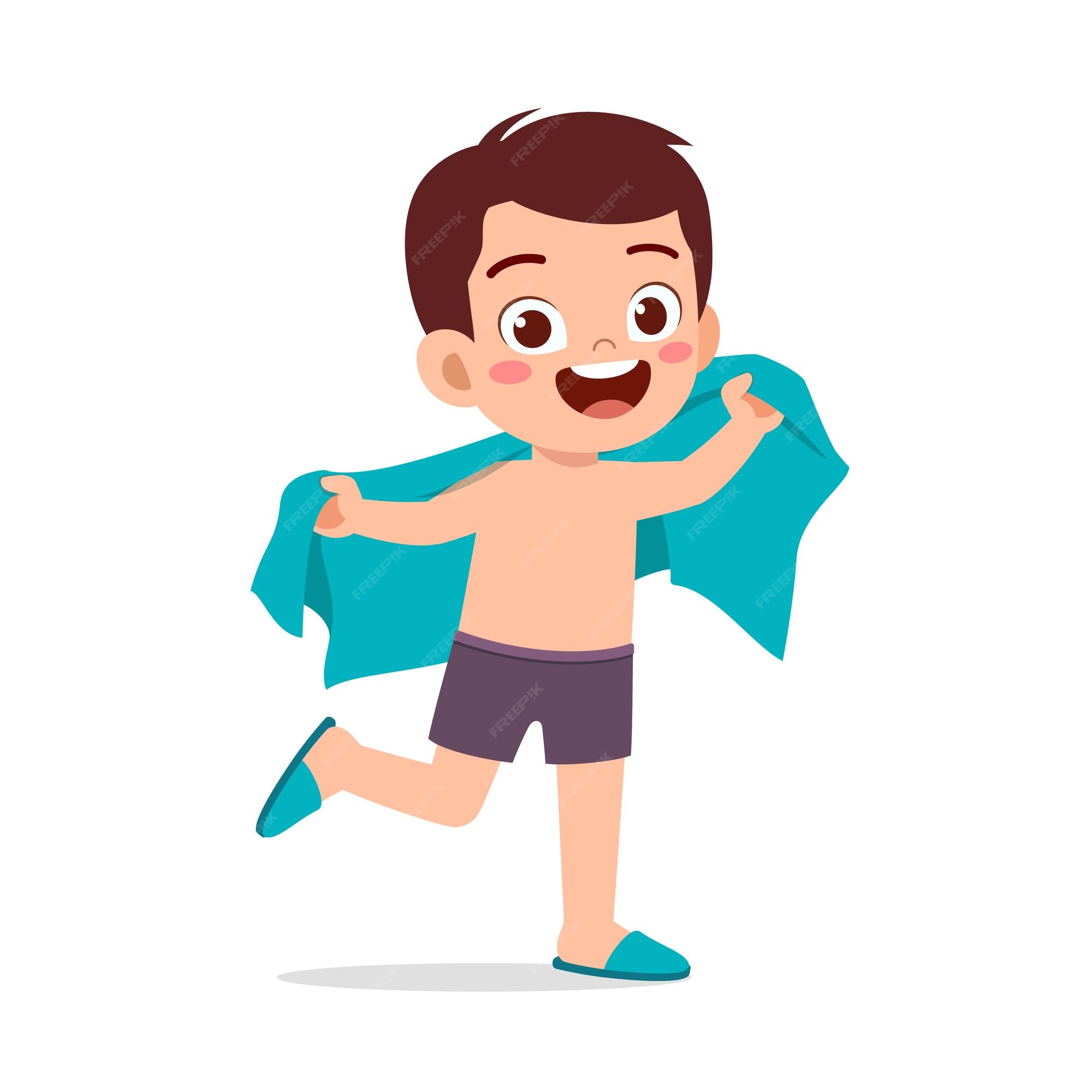 Premium Vector | Little kid dry body with towel after bath