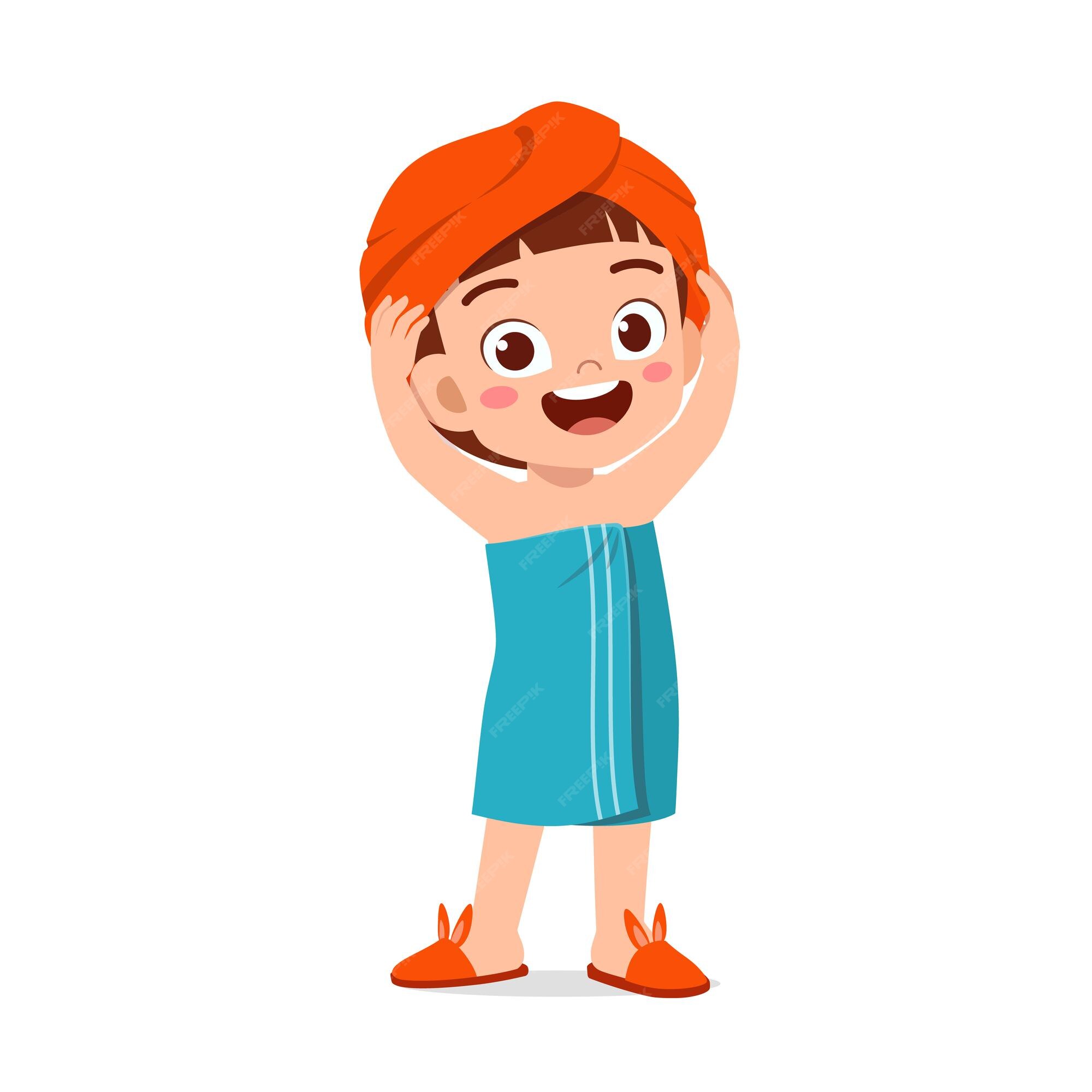 Premium Vector | Little kid dry body with towel after bath
