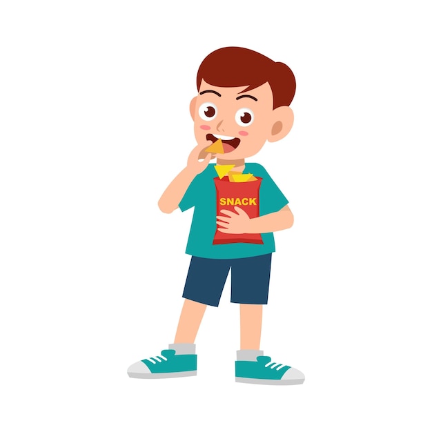 Vector little kid eat potato chips and feel happy