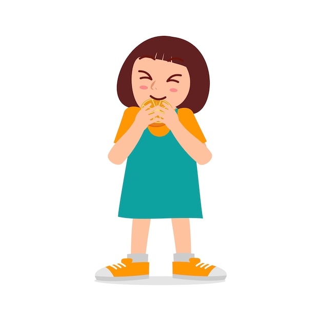 Vector little kid eat sour lemon and show funny expression