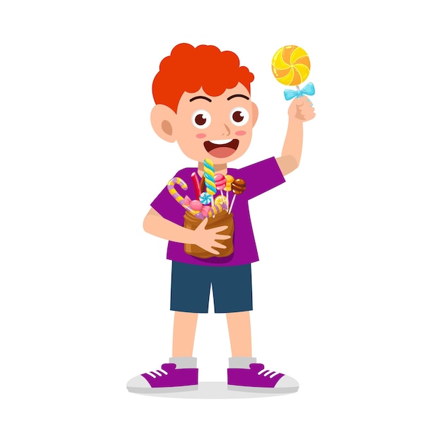 Vector little kid eat sweet candy and feel happy