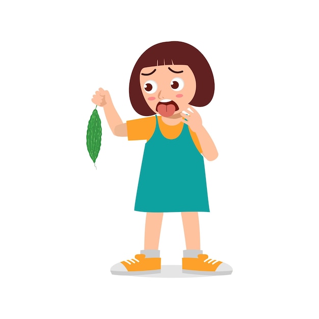 Little kid feel not happy when eat bitter gourd