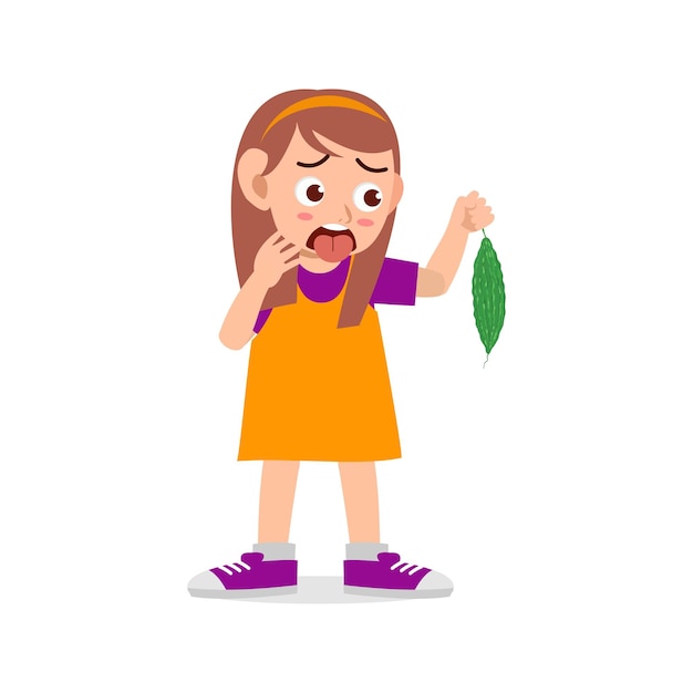 Vector little kid feel not happy when eat bitter gourd