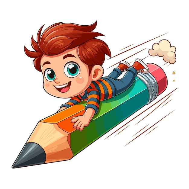 a little kid fly on pencil cartoon vector