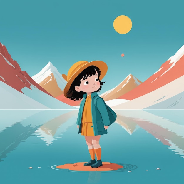 ベクトル 帽子とジャケットを着た小さな女の子が山の上に立っています帽子と ジャケットを着した小さな女の子