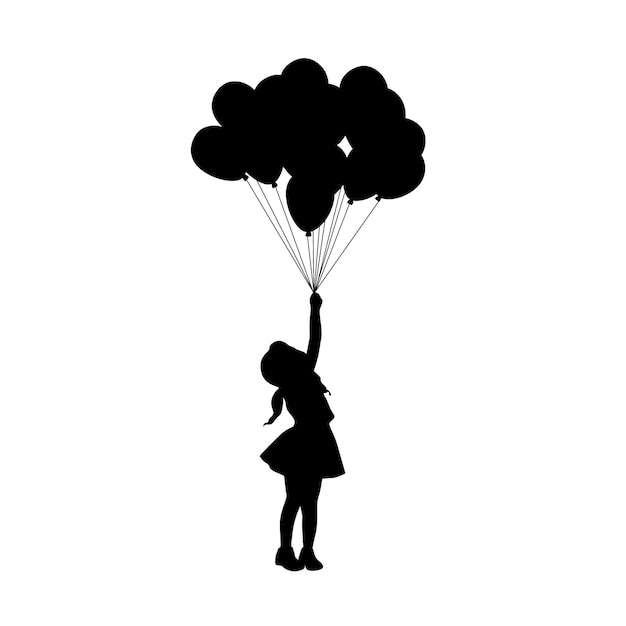 Vector little kid girl with balloons little girl holding a bunch of balloons silhouette