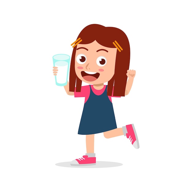 Vector little kid hold and drink a glass of fresh milk