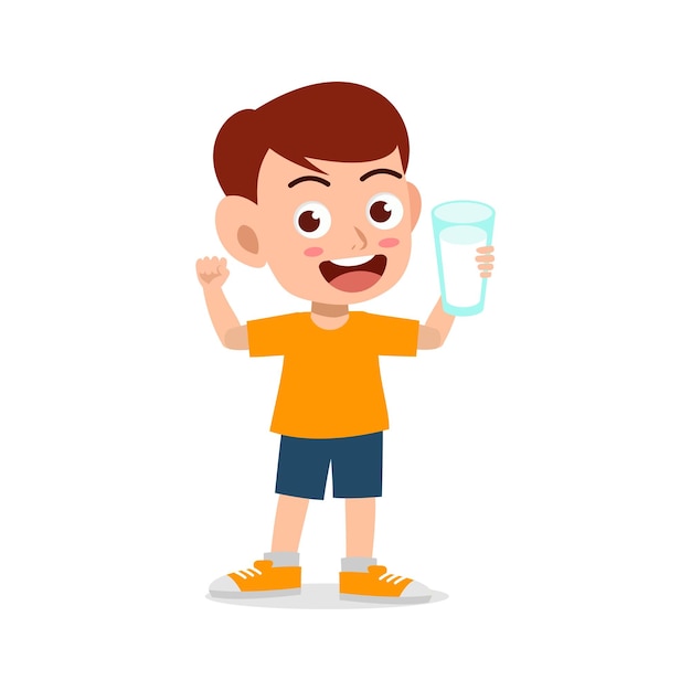 Vector little kid hold and drink a glass of fresh milk