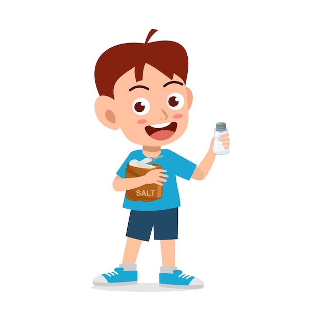 Vector little kid holding fresh sea salt for ad