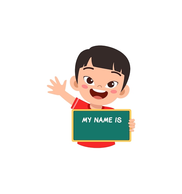 Little kid holding name tag and feel happy