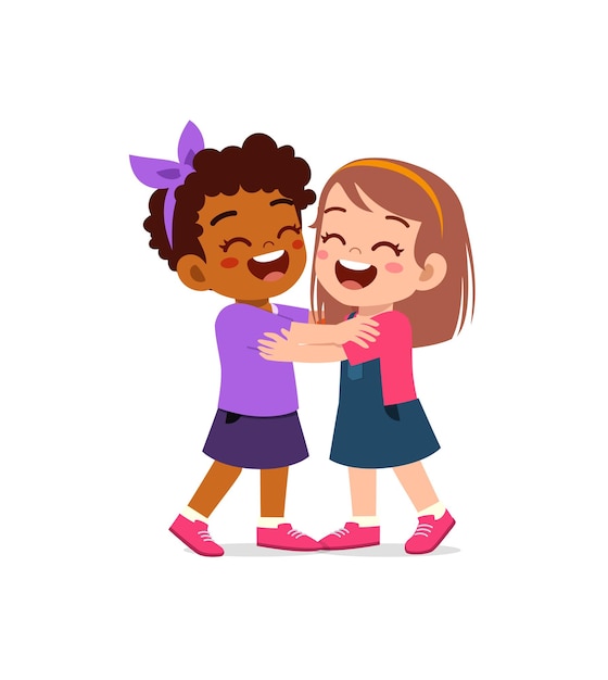 Vector little kid hug best friend and feel happy