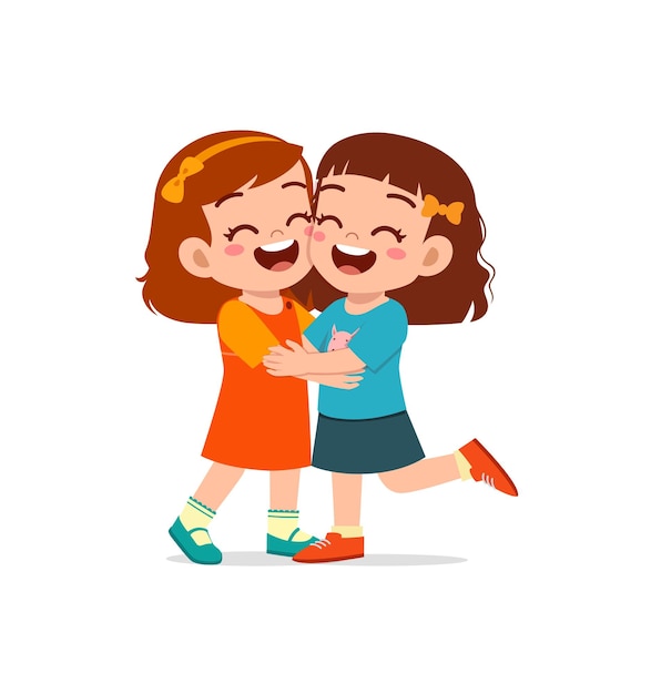 Vector little kid hug best friend and feel happy