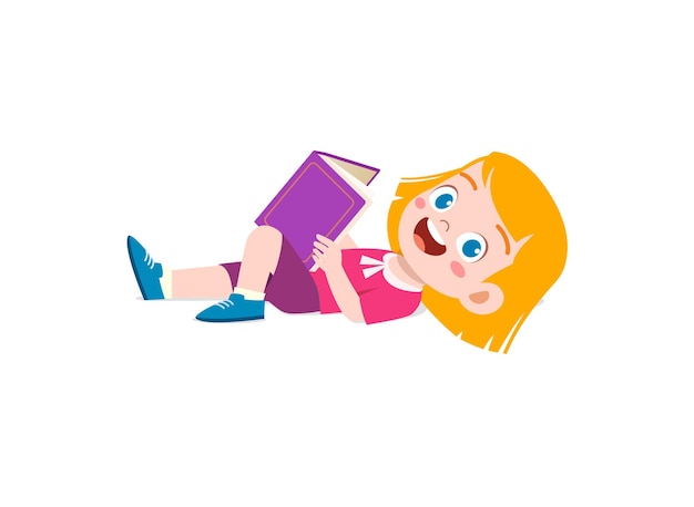 Vector little kid lay down and read book
