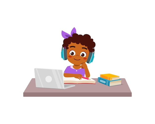 Vector little kid do online education in home