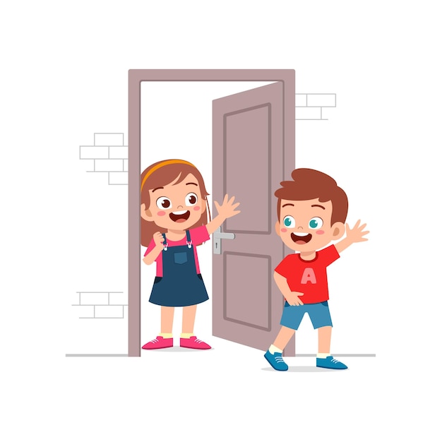 Vector little kid open the door for friend