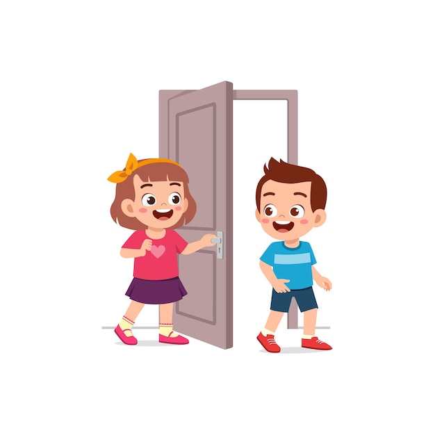 Vector little kid open the door for friend