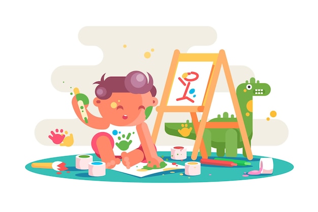 Vector little kid painting picture on easel