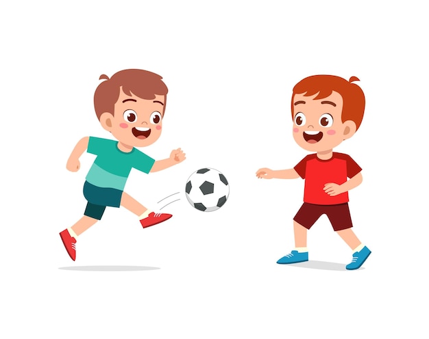 Vector little kid play football together with friend