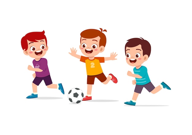 Vector little kid play football together with friend