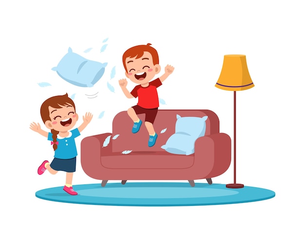 Vector little kid play pillow fight with friend