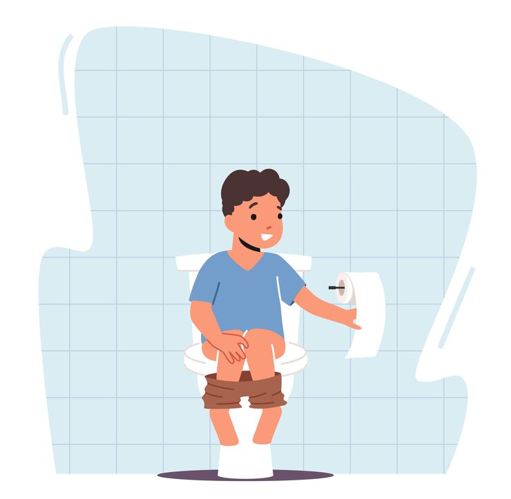 Vector little kid pooping sitting at toilet bowl. baby character morning or evening routine. child at home or kindergarten