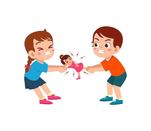 Vector little kid pulling toy with friend and feel angry