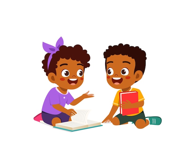 Vector little kid read a book with friend