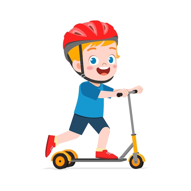 Вектор Маленький ребенок катается на самокате и носит шлем