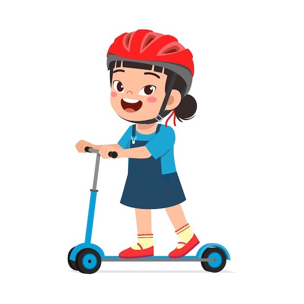 小さな子供はスクーターに乗ってヘルメットを着用します